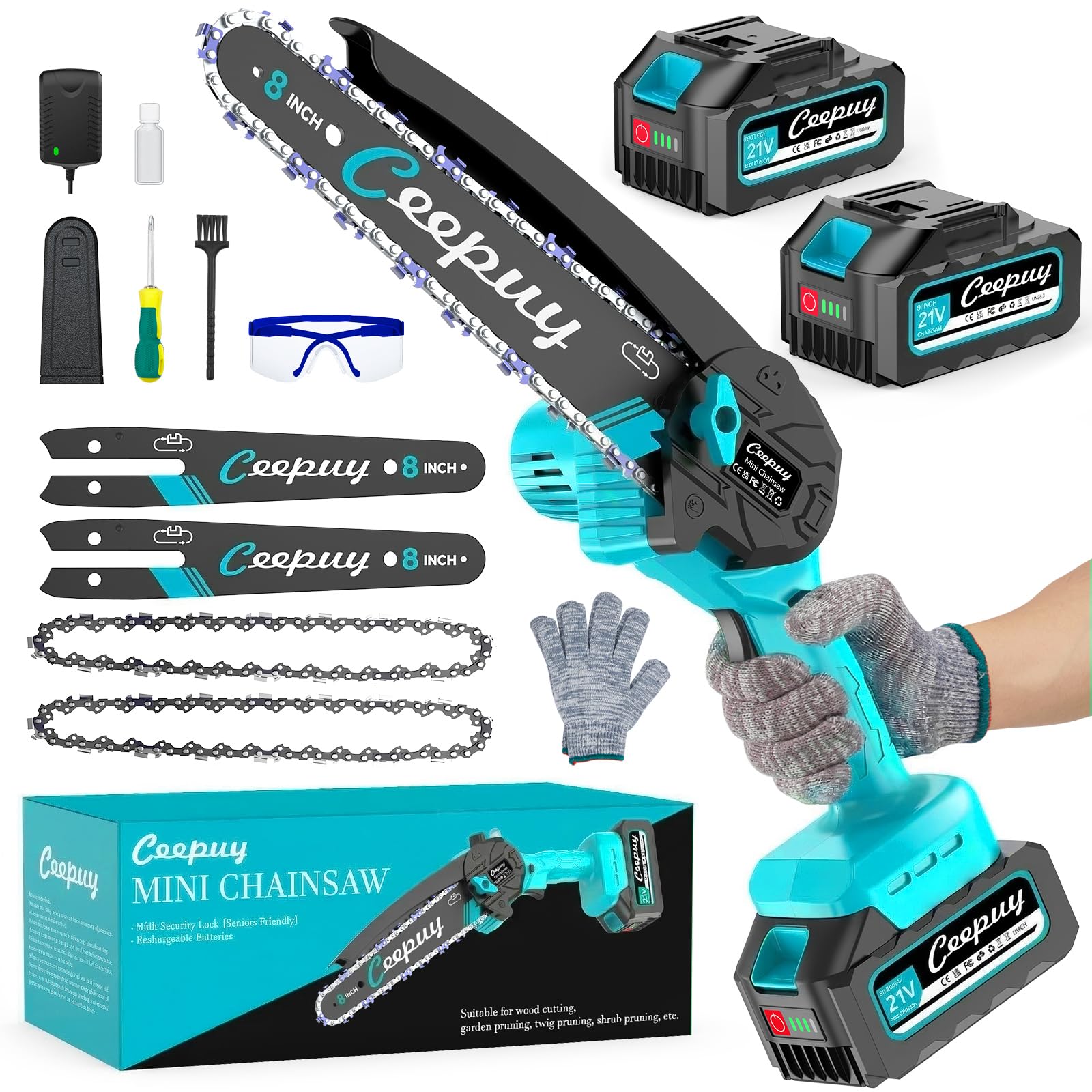 8 Zoll Mini Akku-Kettensäge zum Beschneiden, 2x4000 mAh Akku-Säge, elektrische Säge mit Ölpumpe, tragbare elektrische Kettensäge zum Schneiden von Holz Gärten