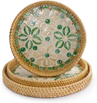 Round Rattan Tray, Mother of Pearl Inlay Wicker Trays