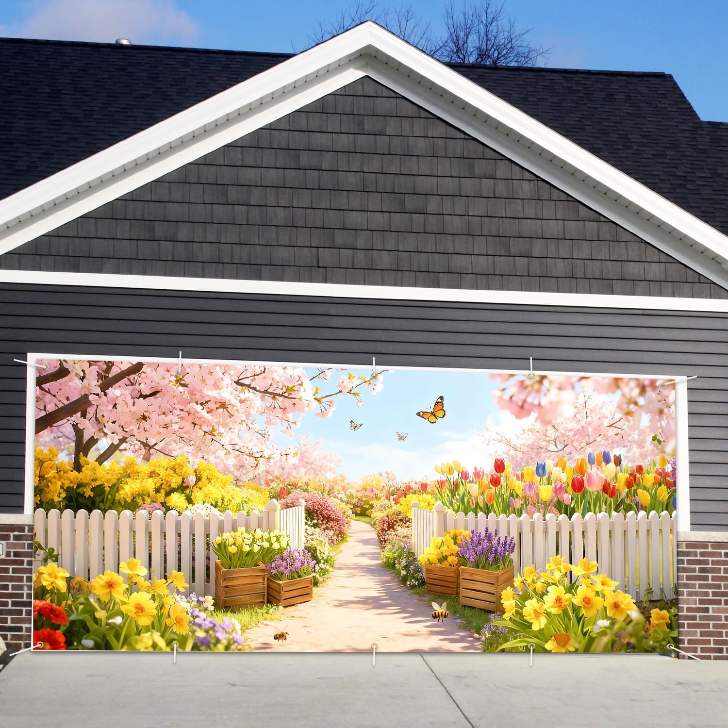 Garden Garage Door Banner Cover 7x16ft Waterproof -Cherry Blossom Floral Backdrop with Butterflies,Spring Easter Wedding Decor,Photo Booth Background