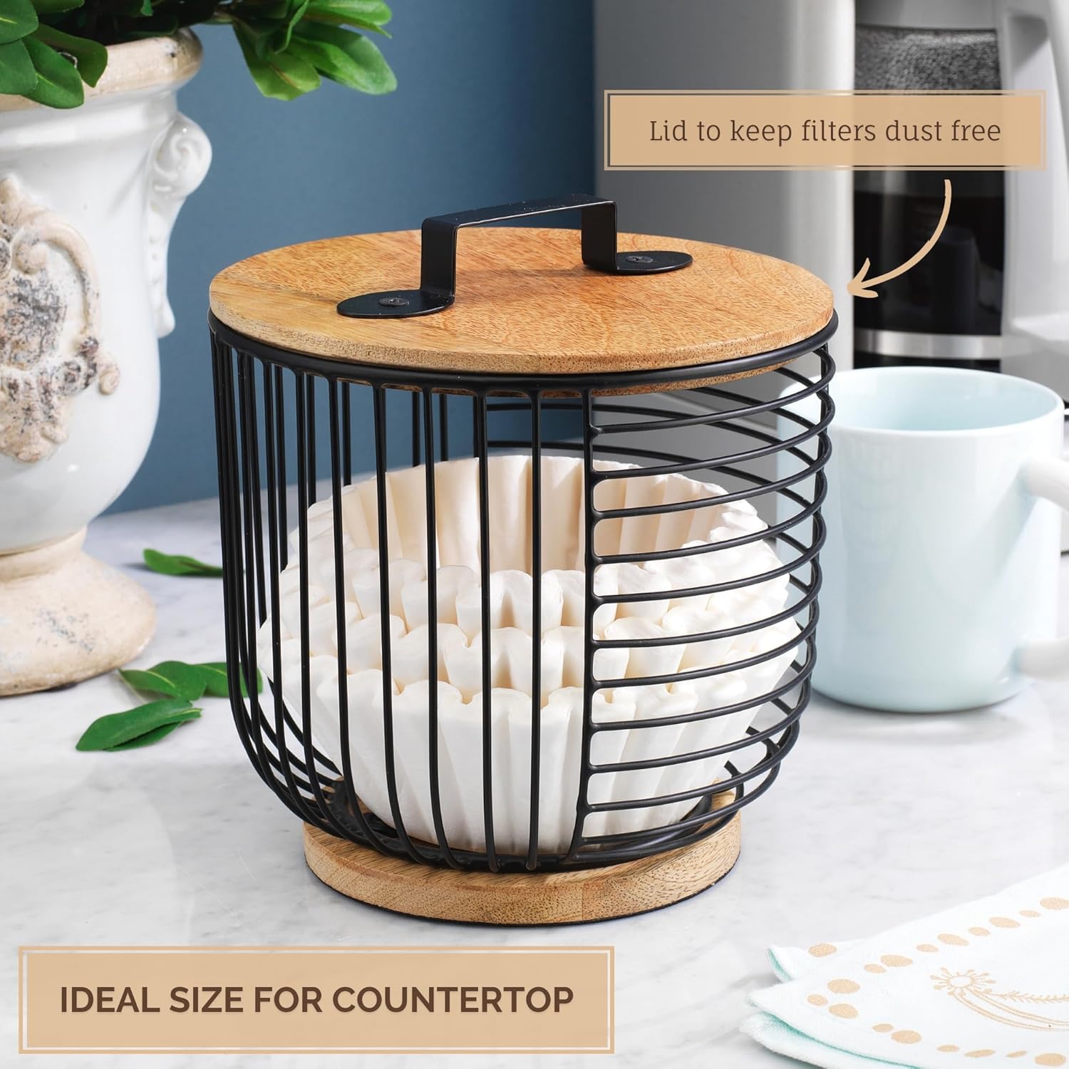 MosJos Coffee Filter Holder for Counter with Wooden Lid - Round Black Wire Coffee Pod Storage Container Basket for Kitchen Countertop Organization - Coffee Bar Accessories