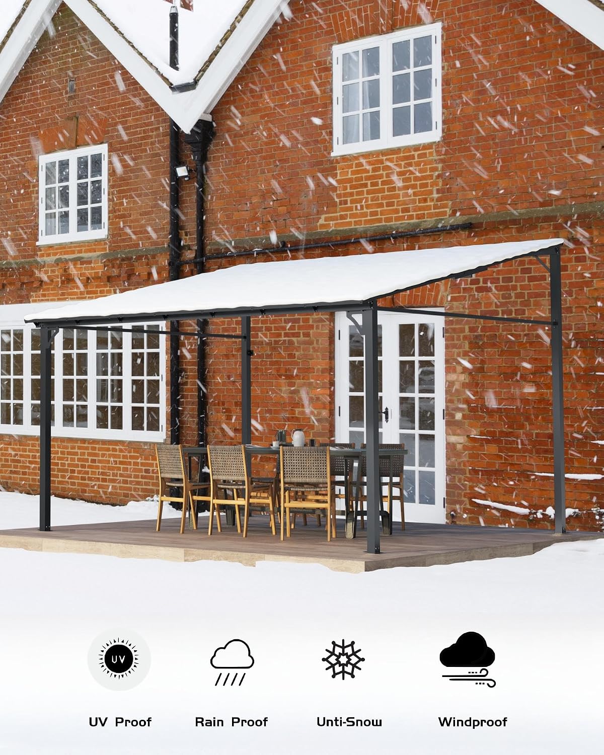 Gazebo in a snowy environment with icons for UV proof, rain proof, anti-snow, and windproof