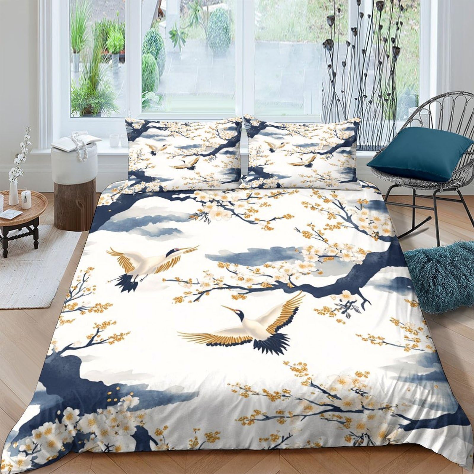 Ctjqhvkz Style-4 3D Printed Japanese Bird Branch Fitted Sheet Microfiber Soft Breathable Plum Blossom Mattress Cover For Bedroom Decor Single（135X200cm）