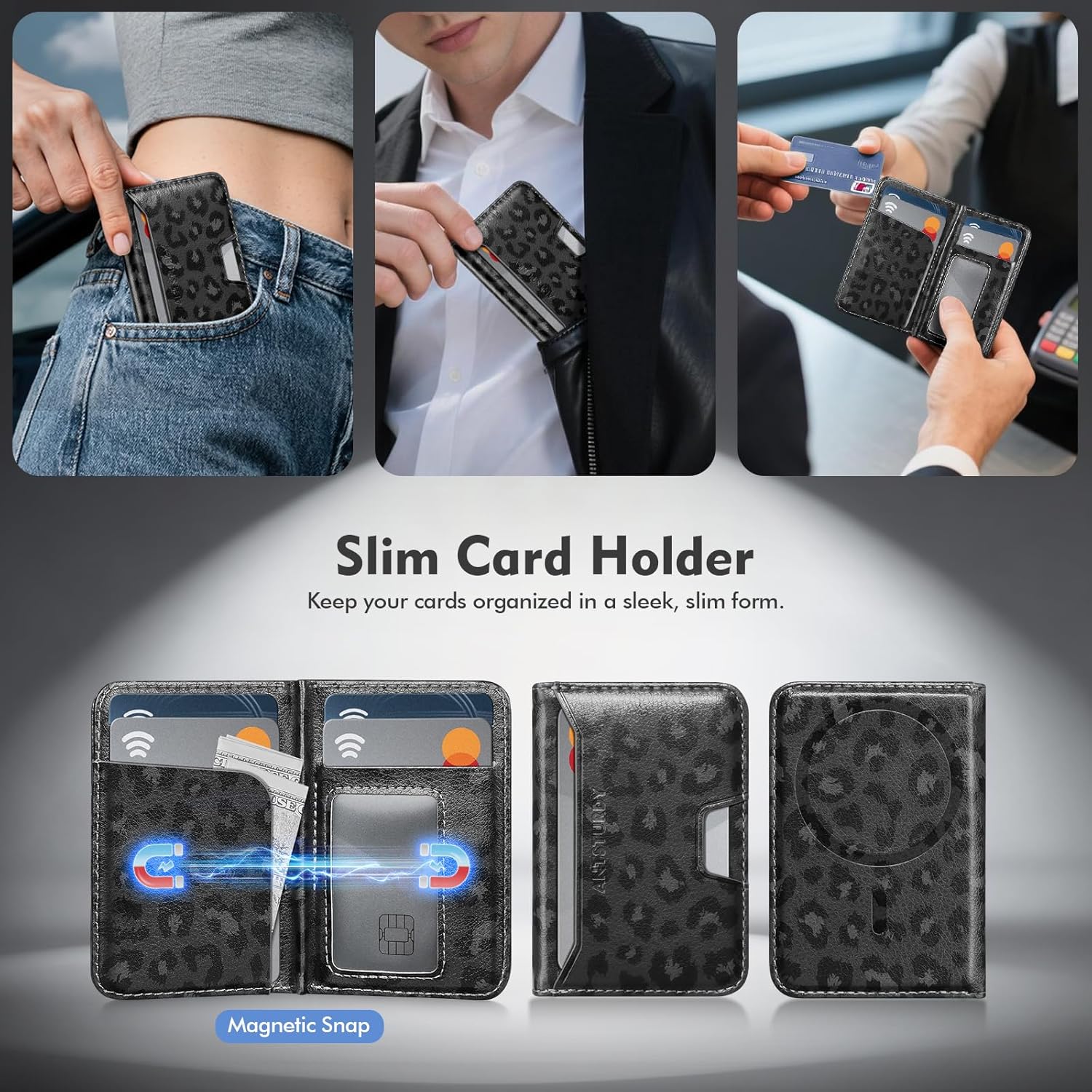 Antsturdy for Magsafe Wallet Stand with Holder,PU Leather RFID Blocking Card Holder,5 Card Slots,Strong Magnet Minimalist Flip Kickstand for iPhone 17/16/15/14/13/12/Pro/Max/Plus/Air,Leopard-Black
