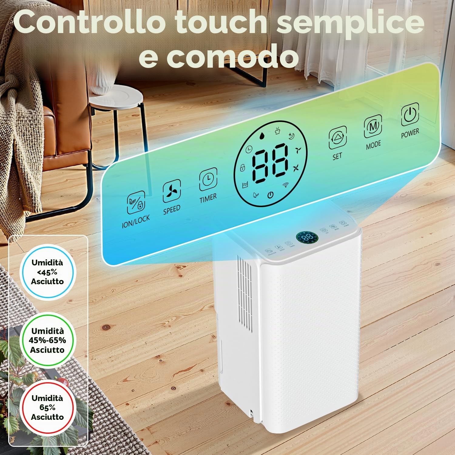 Fiqops Deumidificatore elettrico con timer 24H, funzione di sbrinamento, per circa 25 m², camera da letto