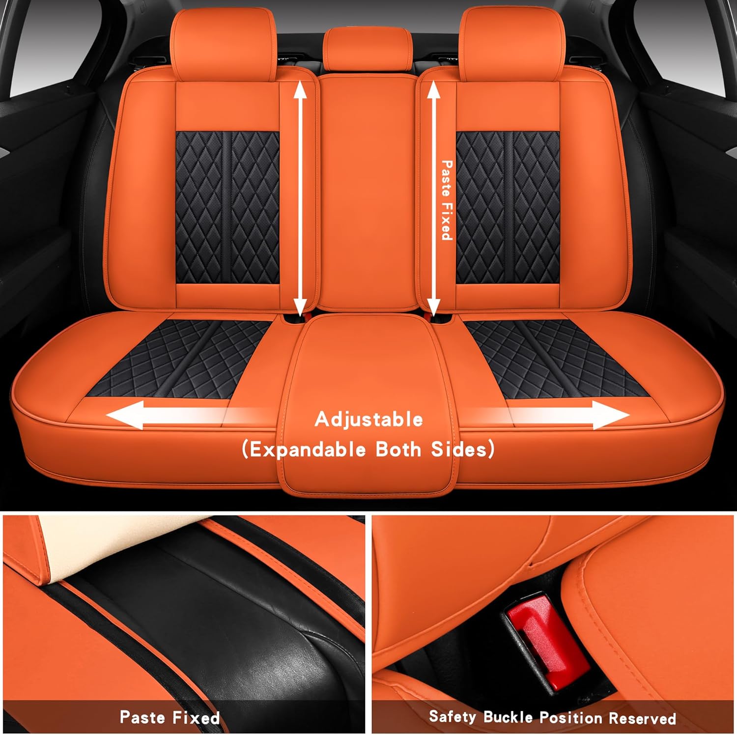 Comfortable Leather Auto Car Seat Covers Front & Rear Seat Protector Fit Sedan SUV 5 Seats Full Set Universal Fit (Black & Orange)