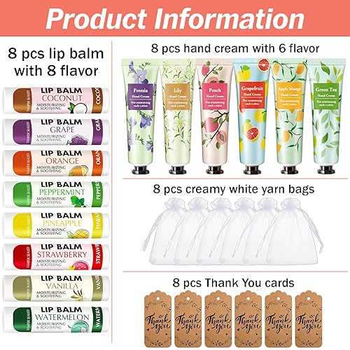 Miniatura 2 de AZEN 8 juegos de regalos a granel, crema de manos y bálsamo labial a granel con bolsa de organza, tarjeta de agradecimiento, regalos de boda para