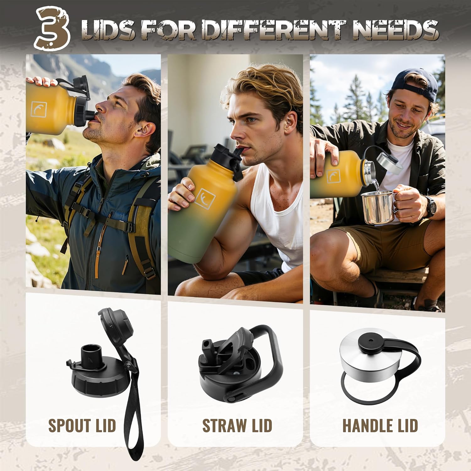 NATURE PIONEOR 64 oz Tactical Water Bottle Set, Stainless Steel Half Gallon Insulated Water Bottle with Tactical MOLLE Bottle Carrier Sleeve, for Outdoor Work, Gym, Hiking, Camping