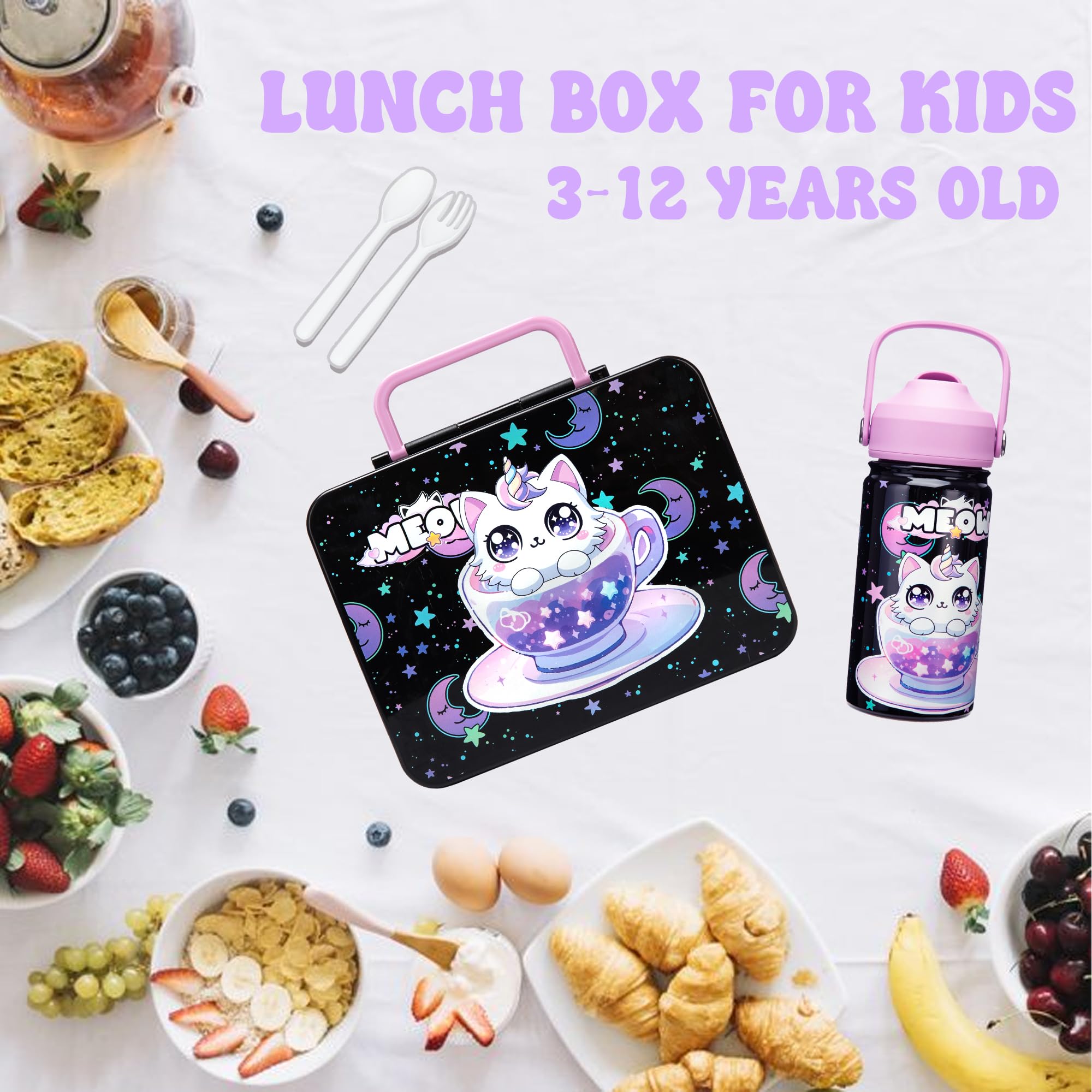 Lonchera para niñas, caja Bento para niños con bolsa de almuerzo, botella de agua de acero inoxidable, juego de bolsa de hielo, regalos de cumpleaños para edades de 3 a 12 años de vuelta a la 6