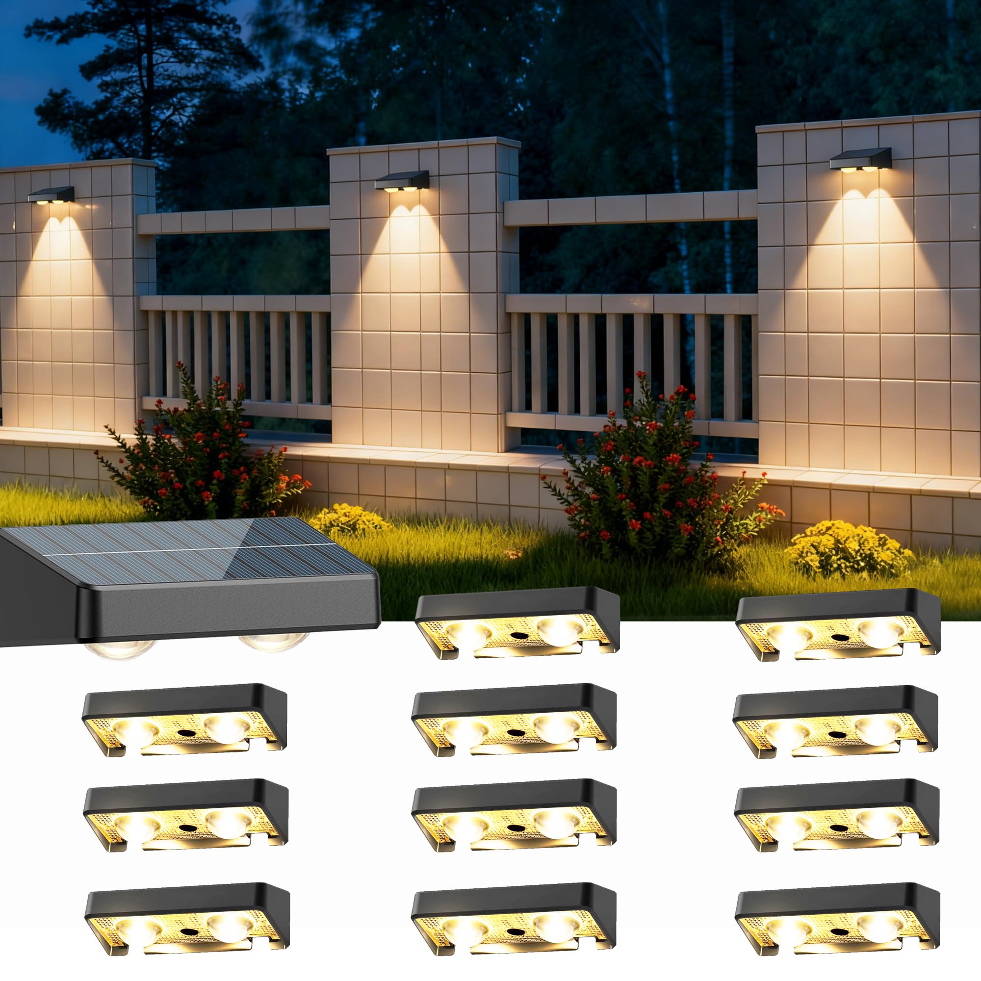 RICVIVID Solar Fence Lights, Outdoor Waterproof LED Solar Light with Warm White & RGB Color Changing, Auto On/Off Deck Railing Lights for Fence, Wall, Balcony, Yard, Patio（2 Pack）
