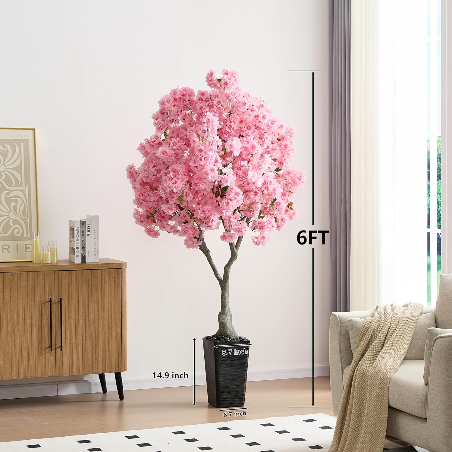 Artificial Cherry Blossom Tree, 6FT Fake Plants Indoor with Black Planter, Faux Pink Sakura Flowers Blooming Tree in Pot, Artificial Trees Silk Plant for House Room Office Entryway Porch Decor