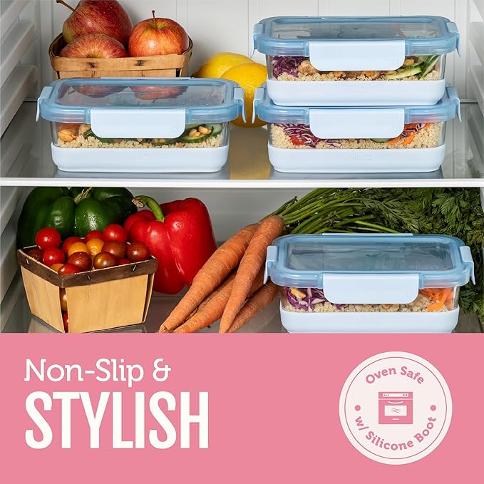 Ello Duraglass 3.4 Cup Meal Prep Sets 10Pc, 5 Pack Set- Glass Food Storage Container with Silicone Boot and Airtight BPA-Free Plastic Lids, Dishwasher, Microwave, and Freezer Safe, Halogen Blue