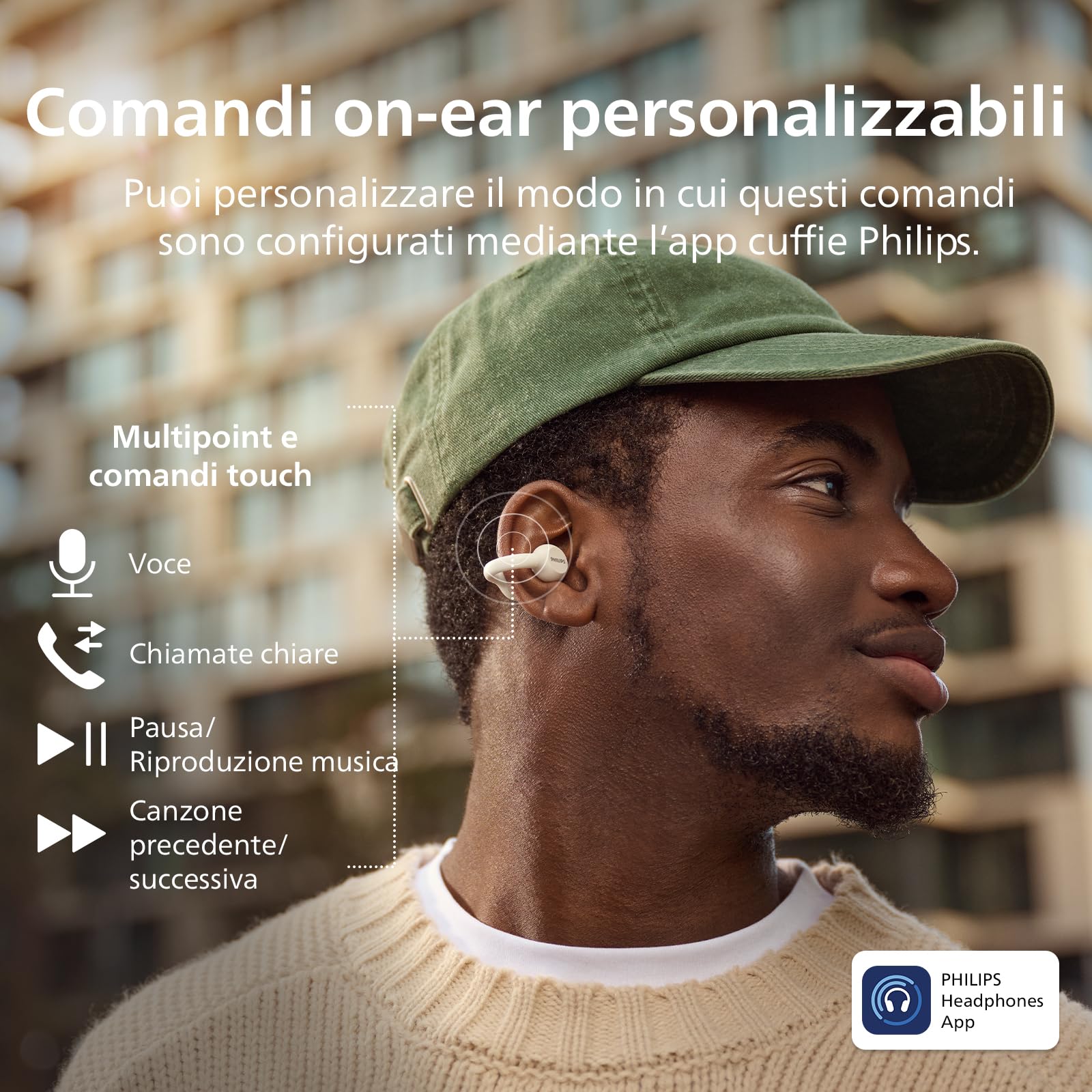 Philips TAQ2000WT auricolari ear-cuff True Wireless open-ear Multipoint Bluetooth - 28 ore di riproduzione, Ricarica tascabile, Chiamate chiare per spostamenti ed allenamento - Bianco