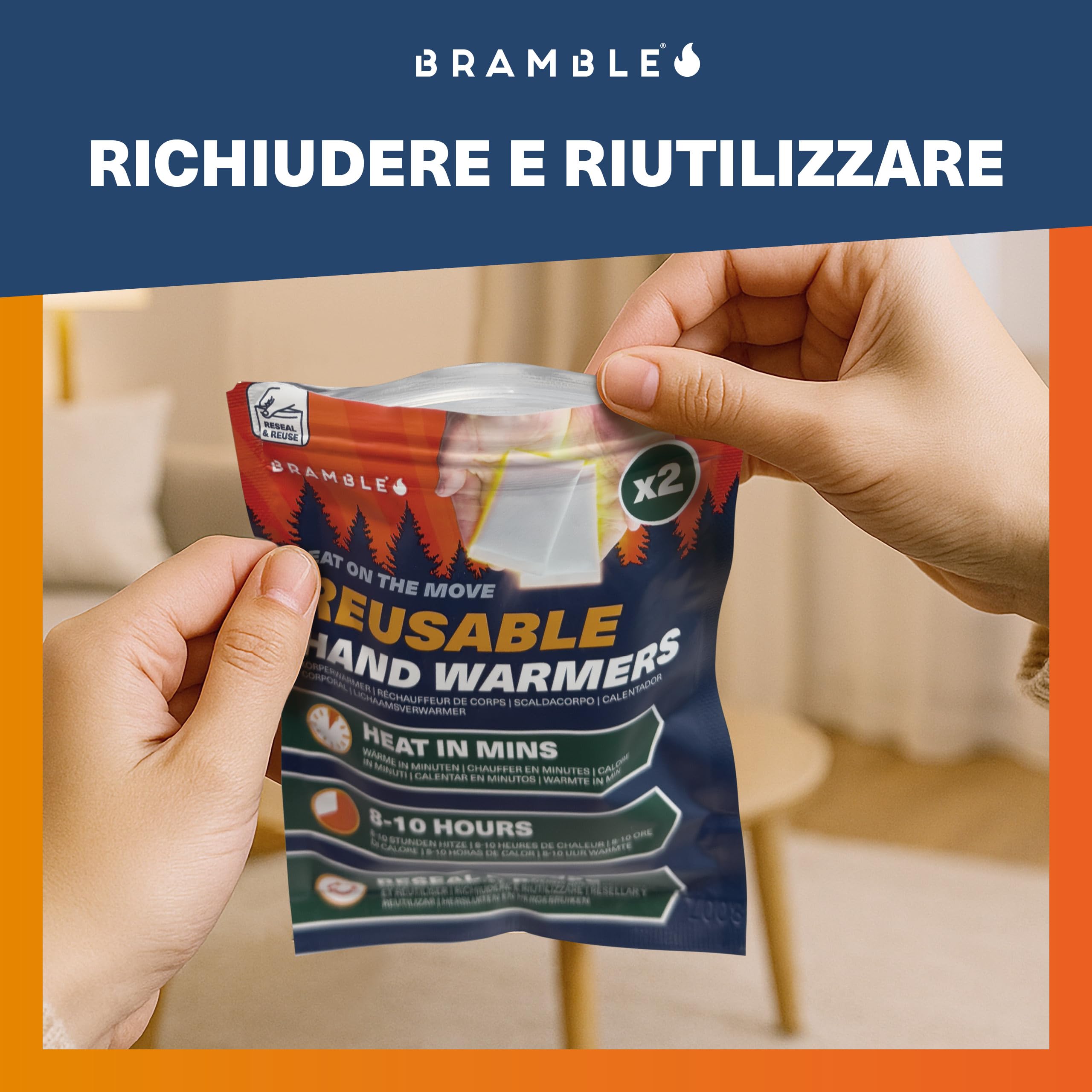 Bramble - Scaldamani riutilizzabili (10 paia, 20 in totale) - Scaldamani tascabili attivati ​​dall'aria con sacchetto richiudibile - Caldi in pochi minuti e inodori - 8 ore di calore per più utilizzi