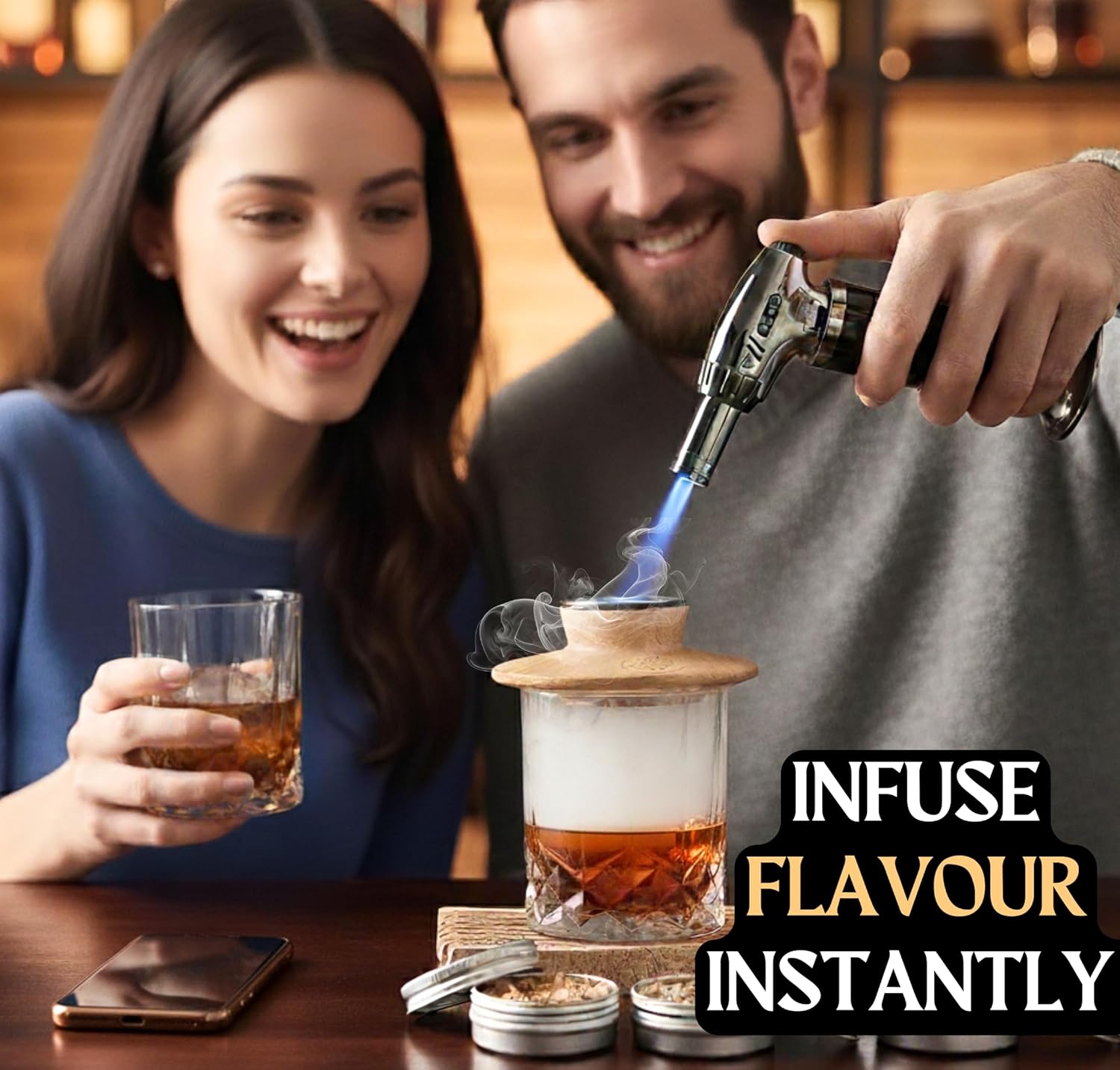 Whiskey Smoker Kit - Cocktail Smoker Kit with Torch, 2 Whiskey Glasses, 2 Ice Ball Makers, 6 Flavors Wood Chips - Old Fashioned Smokers - Bourbon Drink Smoking Set - Whiskey Accessories Gifts for Men