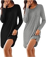 Ekouaer Women's 2 Pack Long Sleeve Sleepshirt Nightgown - Soft Stretchy Comfortable Pajama Dress for Sleep & Lounge