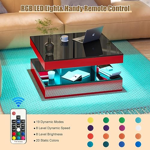 Miniatura 4 de Mesa de centro LED roja para sala de estar, mesa de sala de estar, cuadrada de 2 niveles, moderna, de alto brillo, contemporánea, mesas de centro de