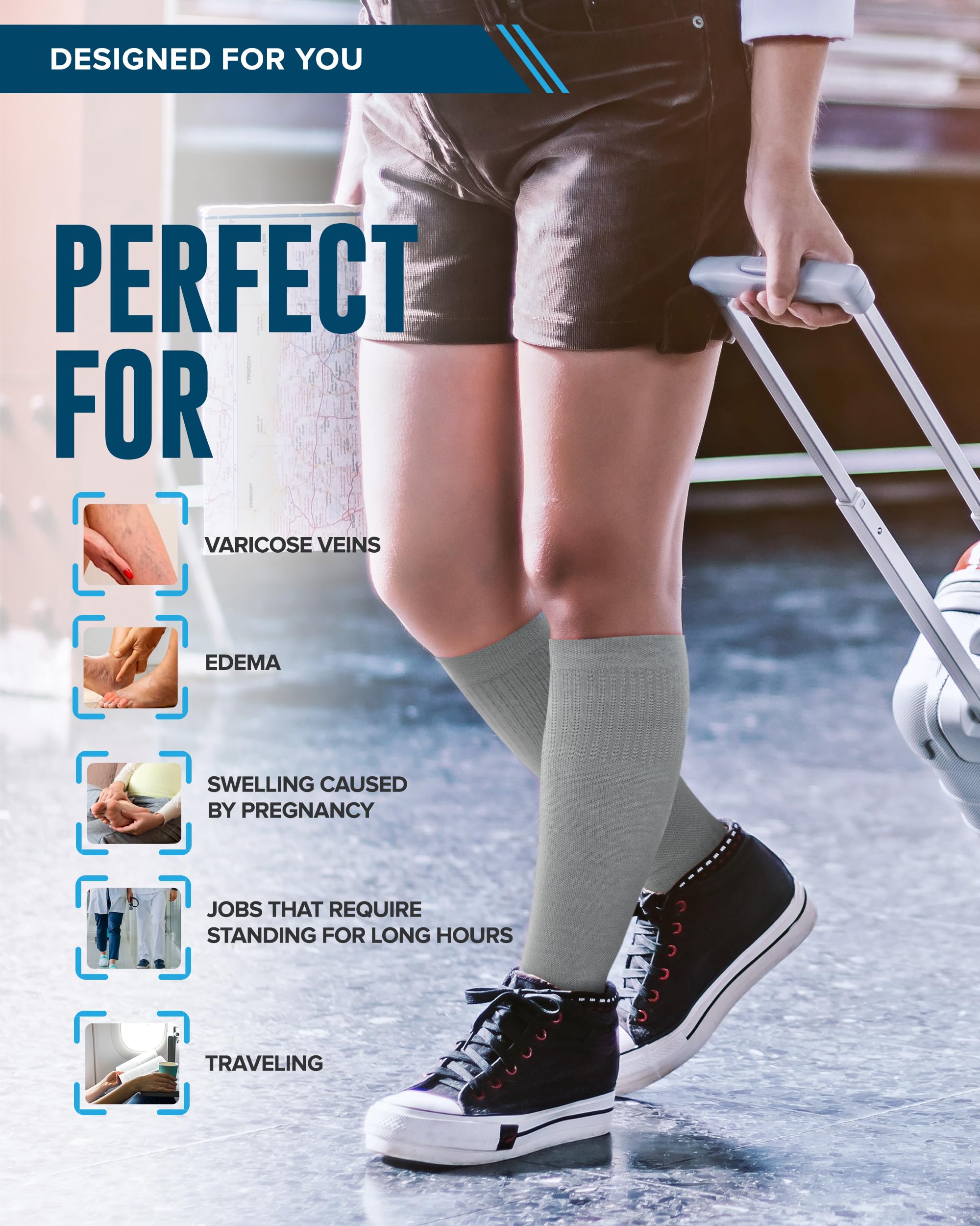 Doctor's Select 3 Pairs Plus Size Compression Socks Wide Calf | Bamboo Viscose Knee High Socks for Circulation Support | Compression Socks for Nurses, Travel, Running | Blue, Teal, Dark Gray