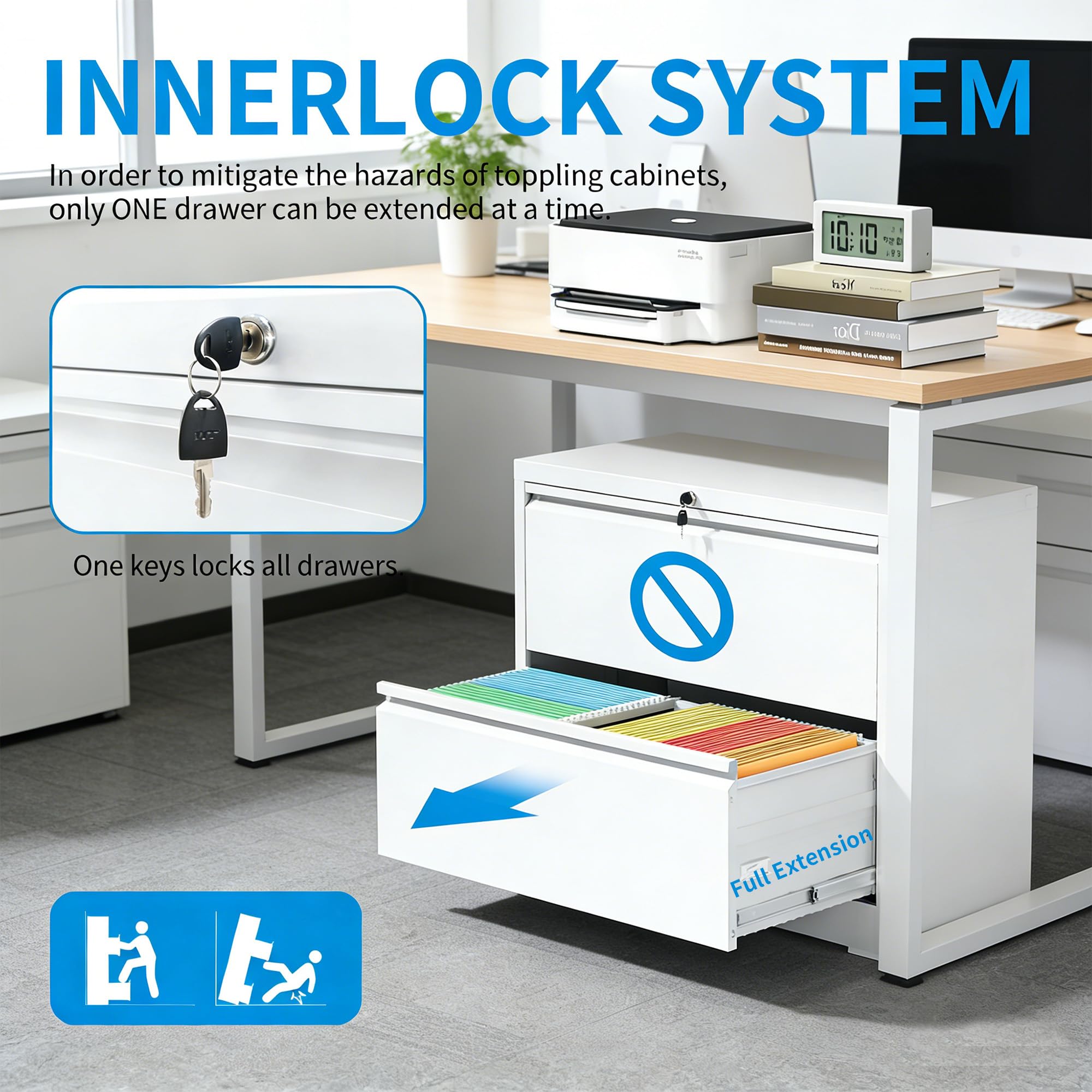 Archivador lateral de 2 cajones con cerradura, archivador lateral de metal para oficina en casa, archivadores horizontales anchos de acero para archivadores colgantes de carta/legal/A4/F4 (blanco)