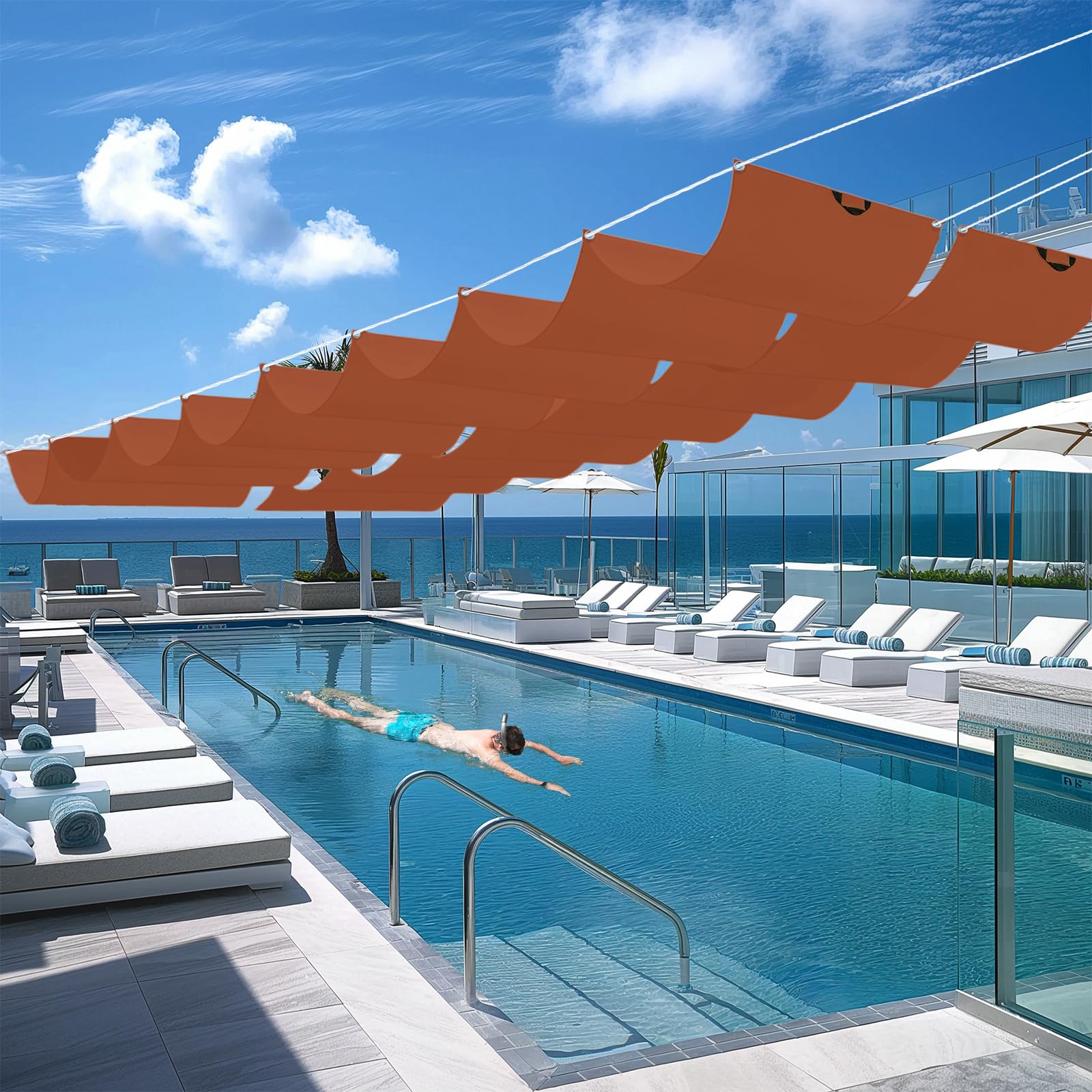 Toldo Retráctil Ondulado 2.8 x 20 m Impermeable, 98% Rayos UV Resistente Al Desgarro, Toldo de Vela Rectangular Tela, con Ojales y Cuerdas para Jardín, Pergola, Rojo óXido