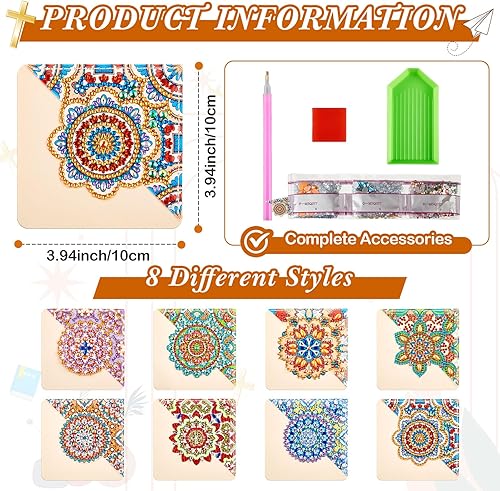 Miniatura 3 de Qilery Juego de 8 marcapáginas de pintura de diamante con mandala, juego de marcadores de esquina de pintura de diamante, accesorios de pintura de