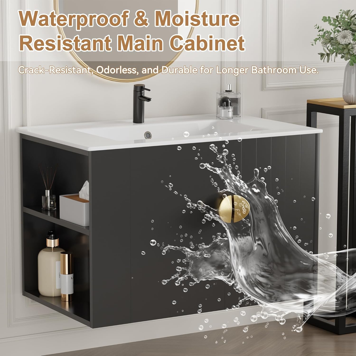 Findepot 30" Bathroom Vanities Cabinet with Sink Combo, Wall Mounted Floating Storage Cabinet Modern with Ceramic Sink,Open Storage Left Shelf, Soft-Close System, 2 Doors & Metal Handles, White