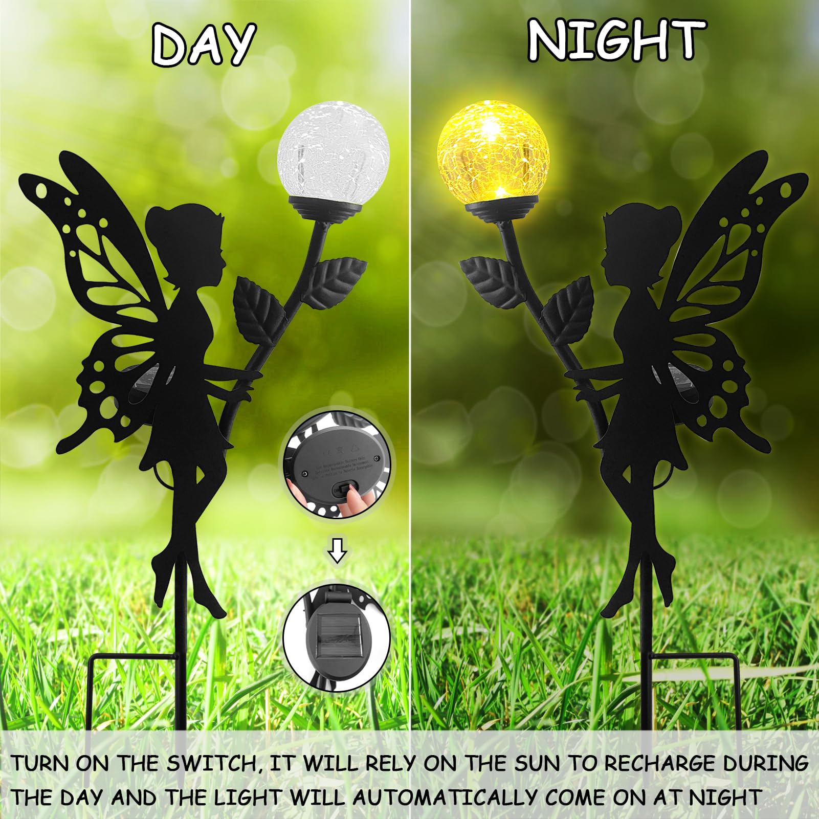 2 Stück Solarleuchten Garten im Freien, Solarlampen für Außen, Elfe/Blumenfee Wasserdichte Solarleuchte, LED Glaskugel Gartenleuchte, Metall Blumenfee Terrasse Gartendeko