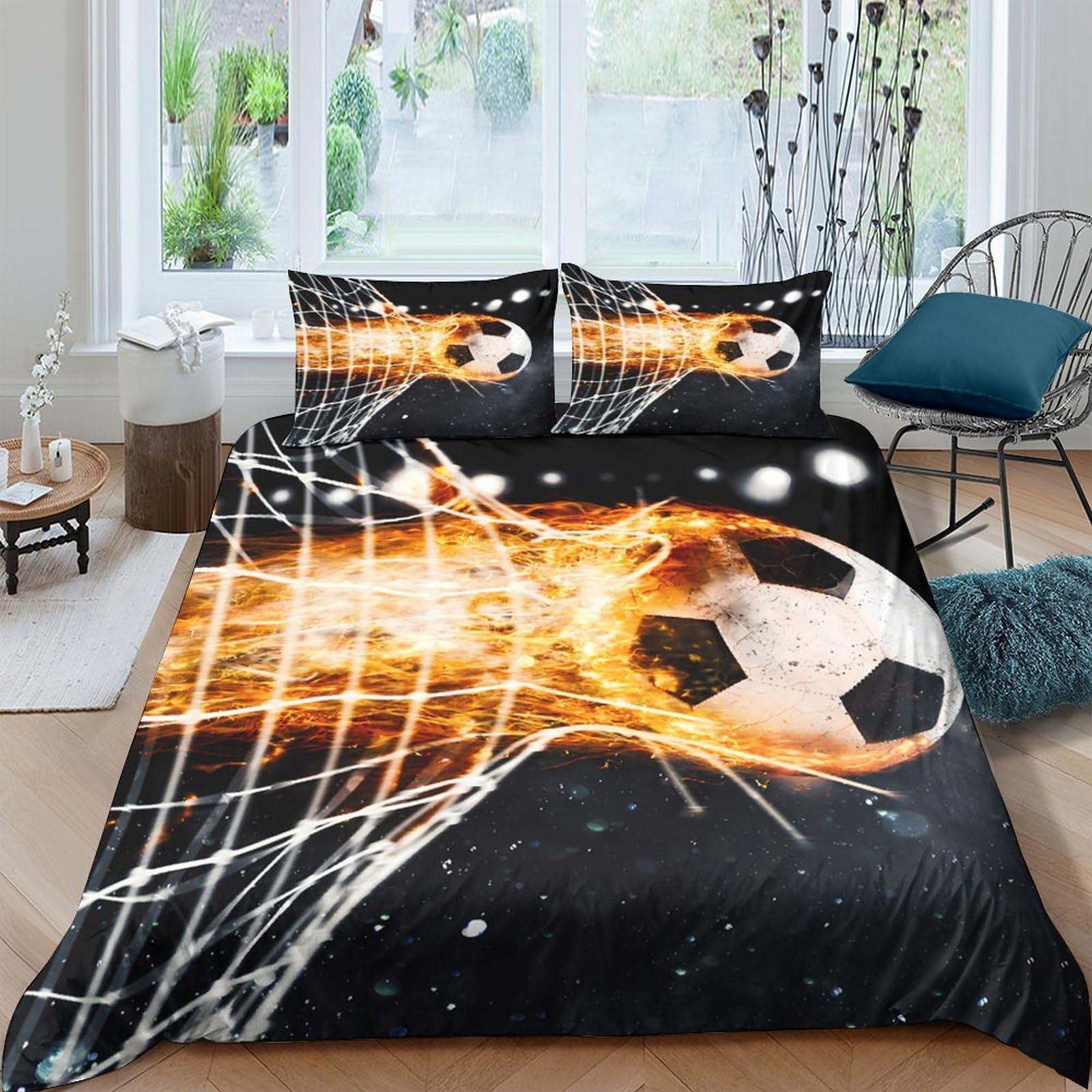 XFKLYNVCJ 3D Printed fireball-soccer Duvet Cover Durable Fabric dynamic-action-style_ Bed Cover Wrinkle Free Fade Resistant Quick Drying Hypoallergenic for Family Home Use Single（140x200cm）