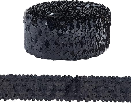 5 Yards 1.89 Inch Wide Black Elastic Sequin Ribbon Trims, Flat Stretchy Sequins Strip Paillette Ribbon, Metallic Fabric Stretch Trim for DIY Craft and Sewing Wedding Bridal Dress