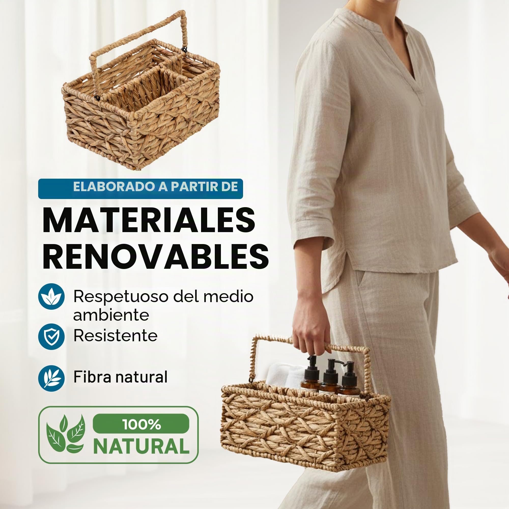 Honey-Can-Do - Cesta de mimbre multiusos de 3 compartimentos con asa, natural mediana, STO-09844
