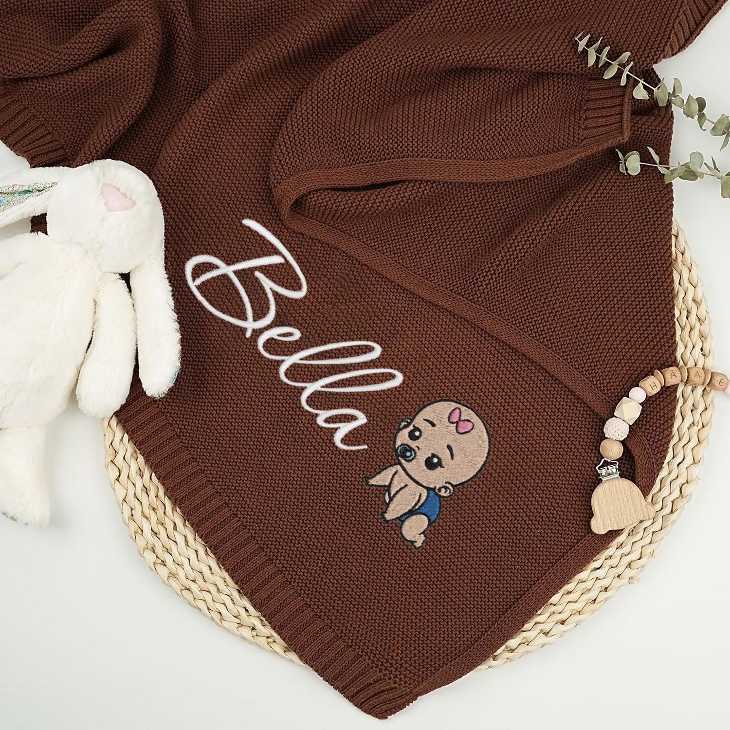 Coperta Personalizzata In Cotone Lavorata A Maglia Con Nome, Nome E Motivi Ricamati, 76 X 102 Cm, Coperta Cellulare Personalizzata Per Passeggino Neonato, Regalo Per Neo Mamme