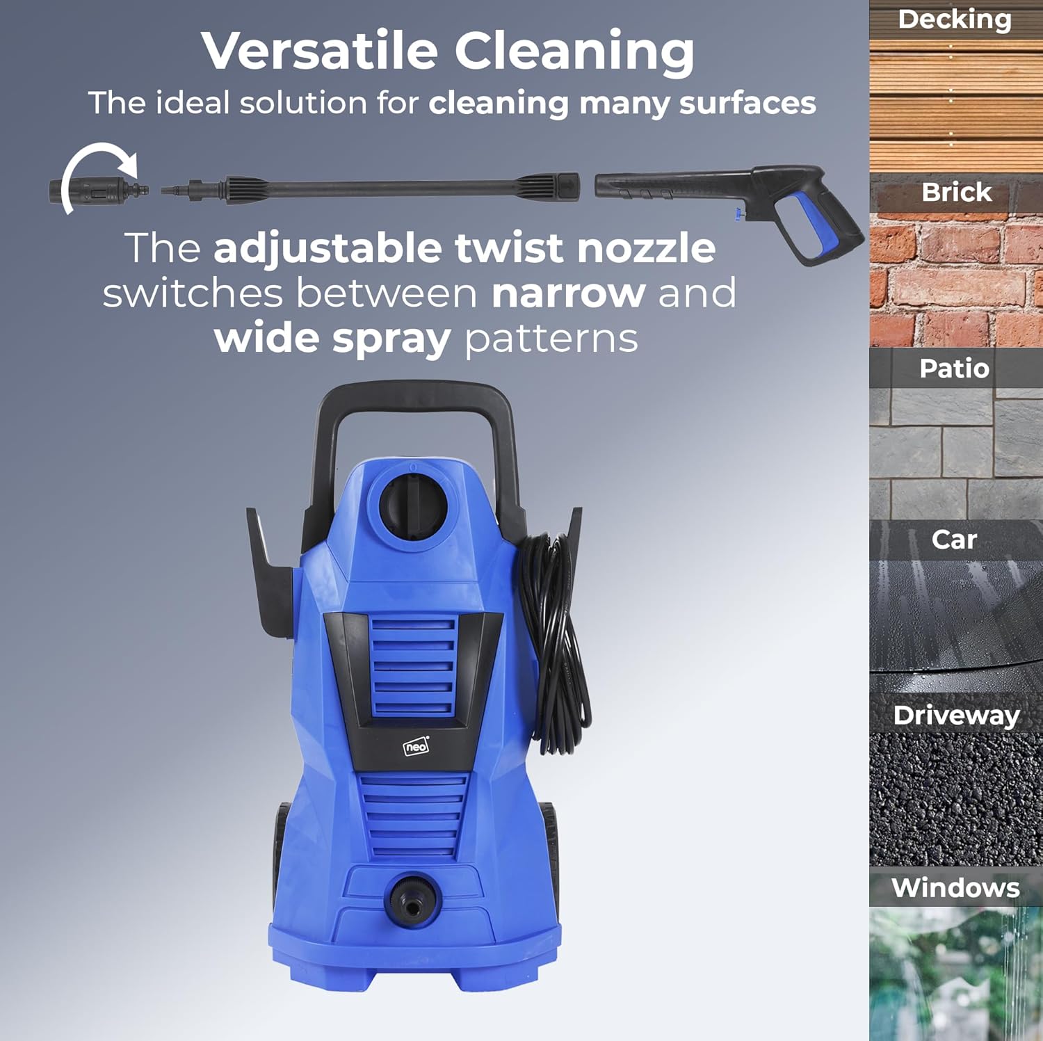 A diagram illustrating the adjustable twist nozzle and its ability to switch between narrow and wide spray patterns. It also shows various surfaces that can be cleaned, including decking, brick, patio, car, driveway, and windows.