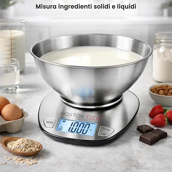 Digital Kitchen Scale, 5 kg Stainless Steel with Removable Bowl, High Precision, Backlit LCD Display, Tare Function, Waterproof, Recipe Book Included, Boston Tech - 3