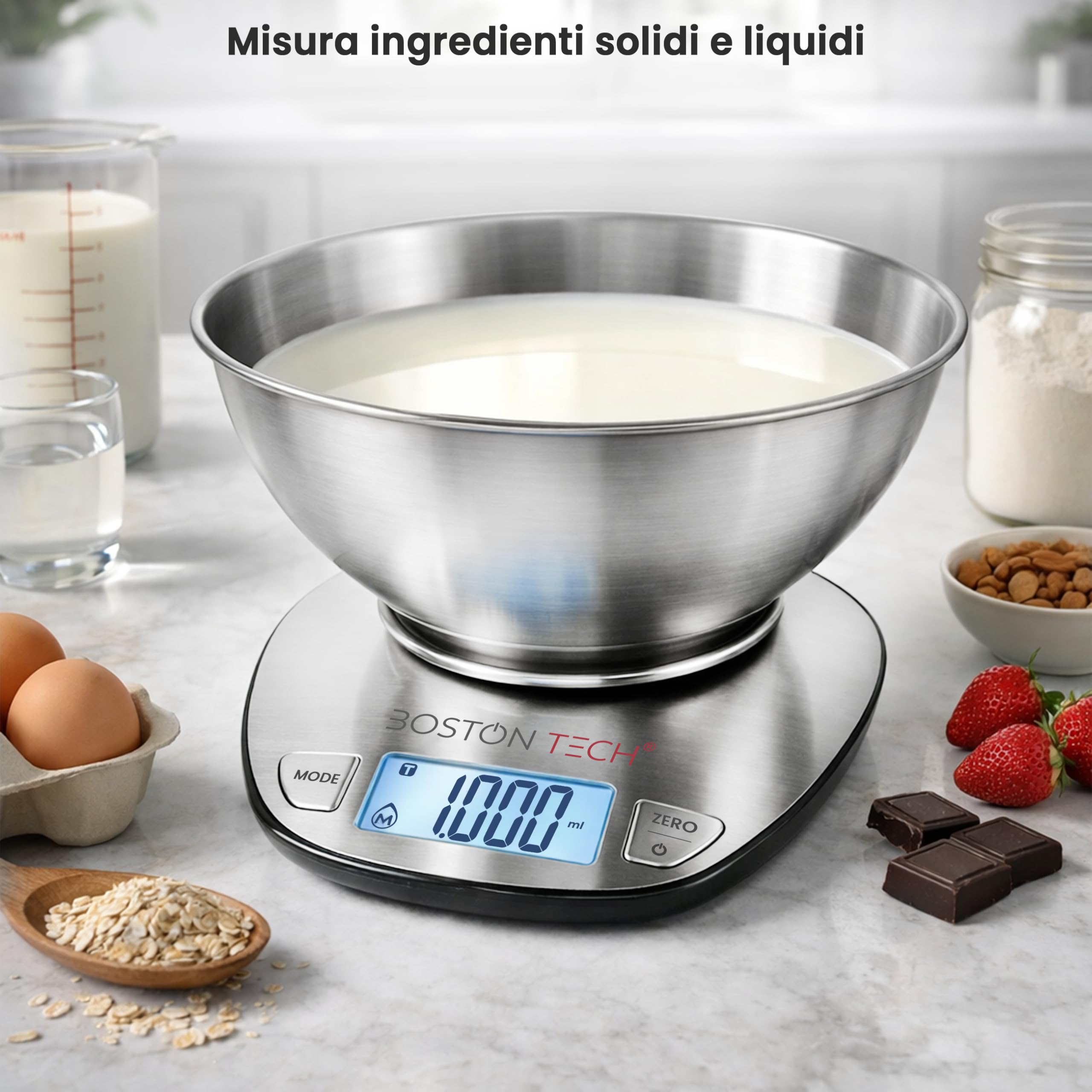 Boston Tech Digital Kitchen Scale, 5 kg Stainless Steel with Removable Bowl, High Precision, Backlit LCD Display, Tare Function, Waterproof, Recipe Book Included, Boston Tech in use