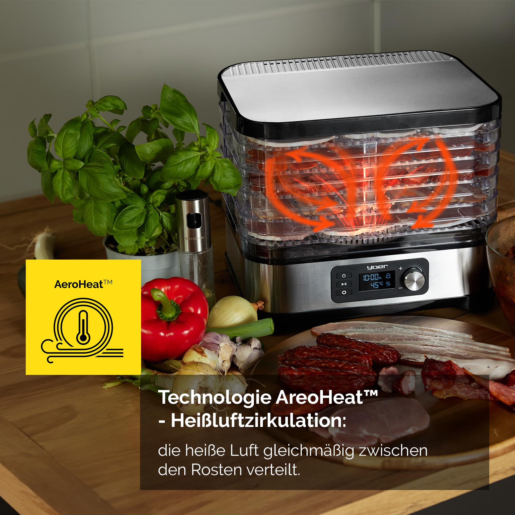 Yoer Dörrautomat Edelstahl, Dörrgerät mit 6 Einlegefächern, 35-70°C, 4725 cm2, 24h Timer, Dehydrator, 450W, Beef jerky, Obst, Kräutertrockner, Müsliriegel, LED-Anzeige, VitaSave FD01S