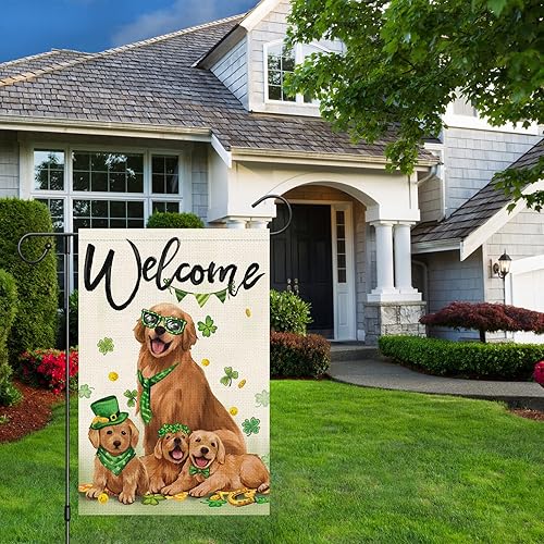 Miniatura 7 de Heyfibro Bandera de bienvenida del día de San Patricio para jardín, 12 x 18 pulgadas, arpillera de doble cara, lindas banderas de oro retriever