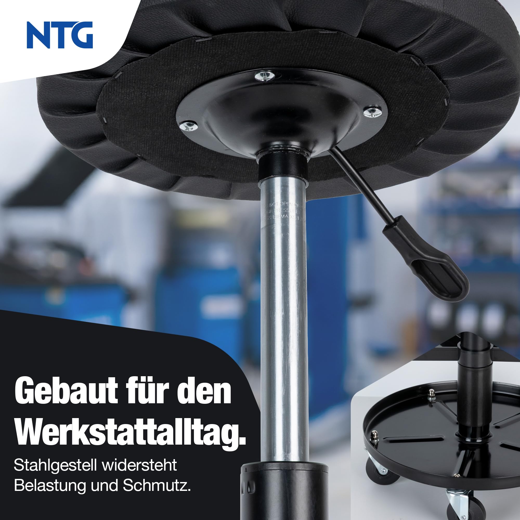 NTG Rollhocker Höhenverstellbar bis 55 cm – Werkstatthocker bis 100 kg mit 5 Rollen & Ablageschale – Drehhocker Werkstatt – Montagehocker mit PU Sitzpolster – Werkstattsitz für Garage KFZ Werkstatt