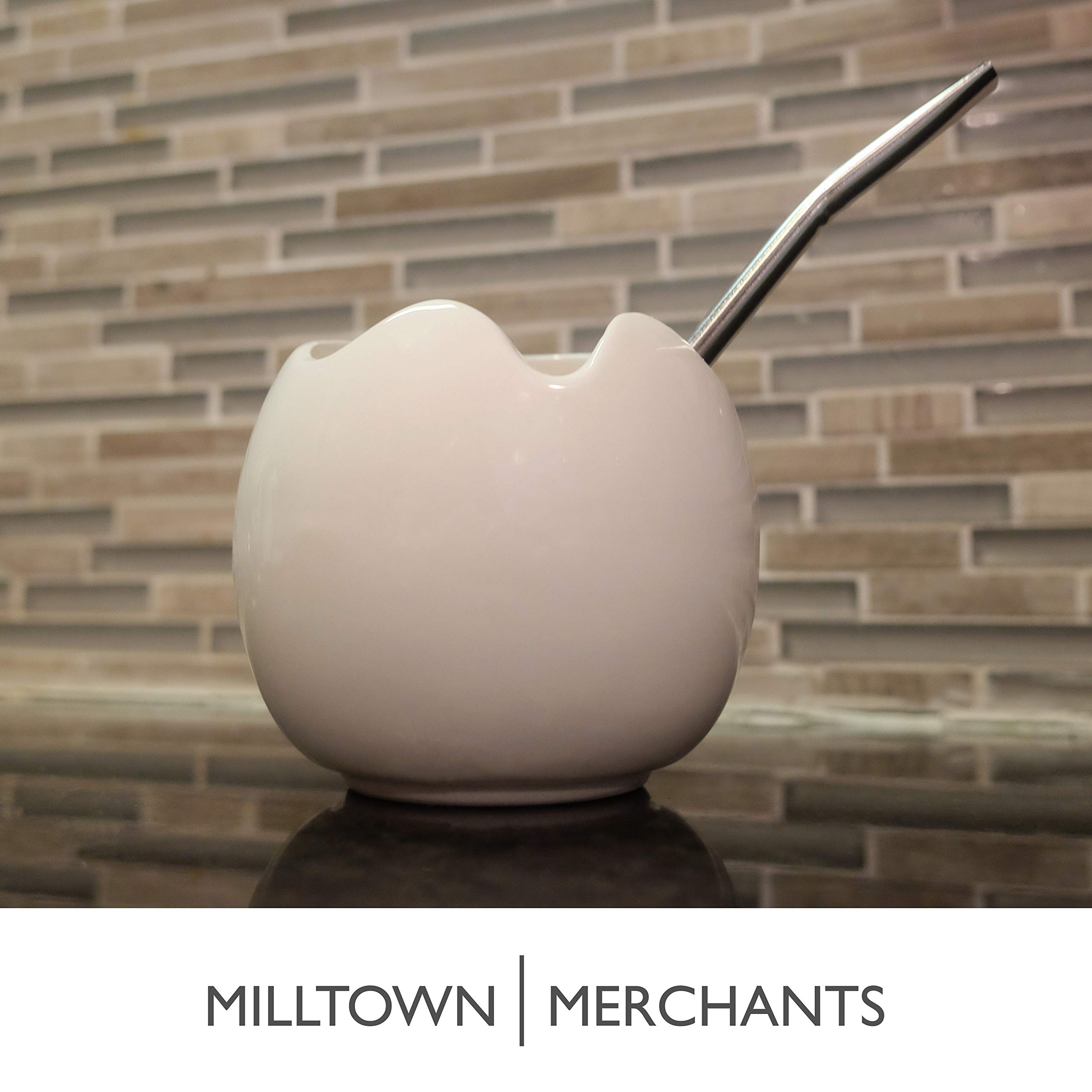 Milltown Merchants Ceramic Mate Gourd and Bombilla Set - Yerba Mate Gourd - Easy To Clean Mate Cup/Filter Straw for Yerba Mate Tea and Mate Infused Drinks (1 pack, White)