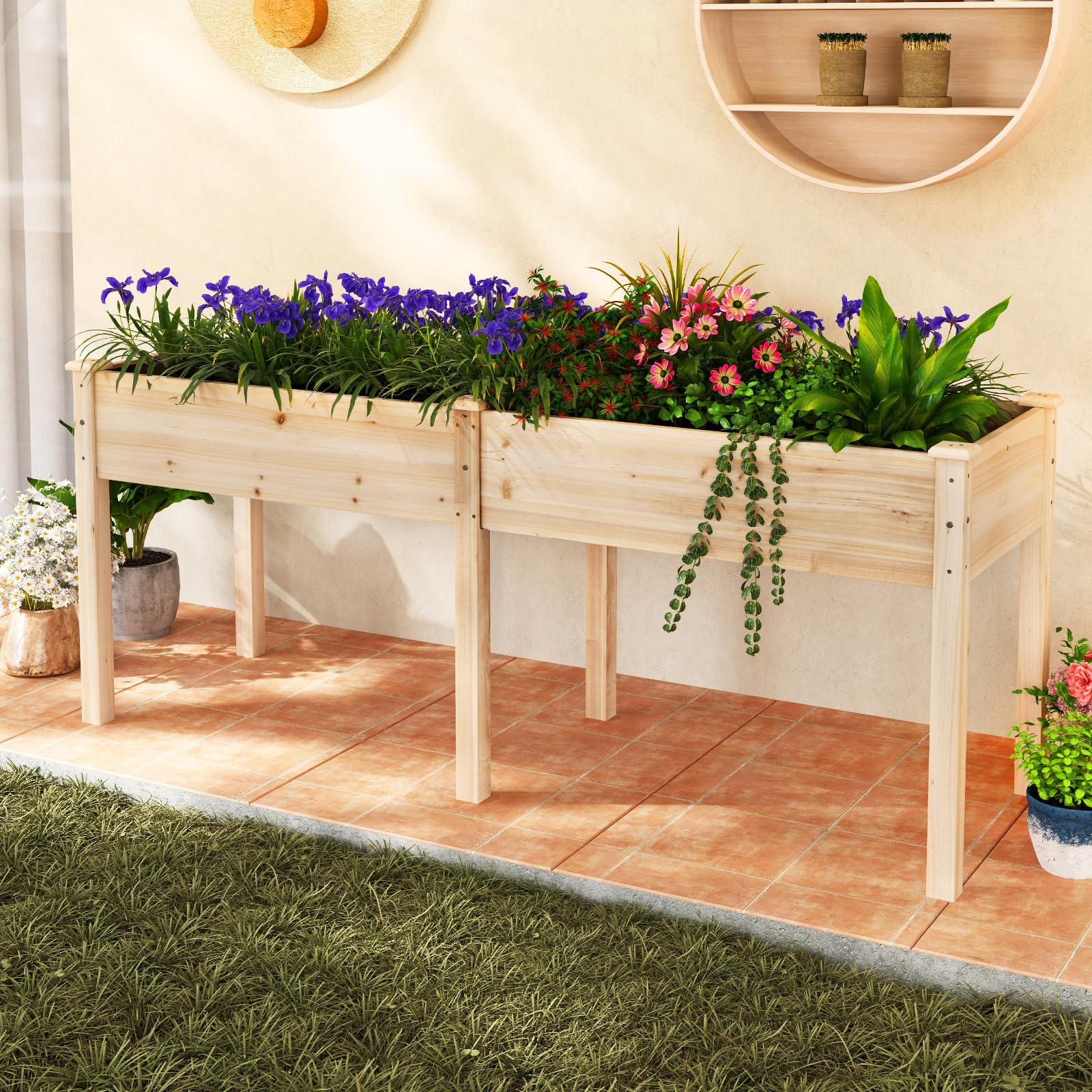 HOMASIS Huerto Urbano Elevado de Madera, Rectangular Cama de Jardín con 8 Orificios de Drenaje, Mesa Jardinera de Cultivo para Verduras, Flores, Frutas Patio Terraza (Natural)