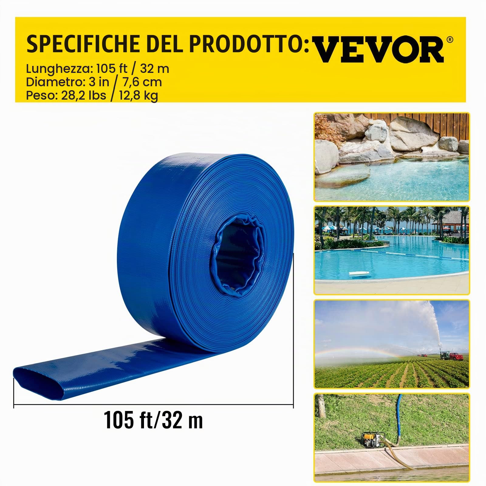 VEVOR Tubo di scarico, 3" x 105", Tubo piatto in PVC, Resistente alle intemperie e allo scoppio, Ideale per piscine e trasferimento dell'acqua, Blu