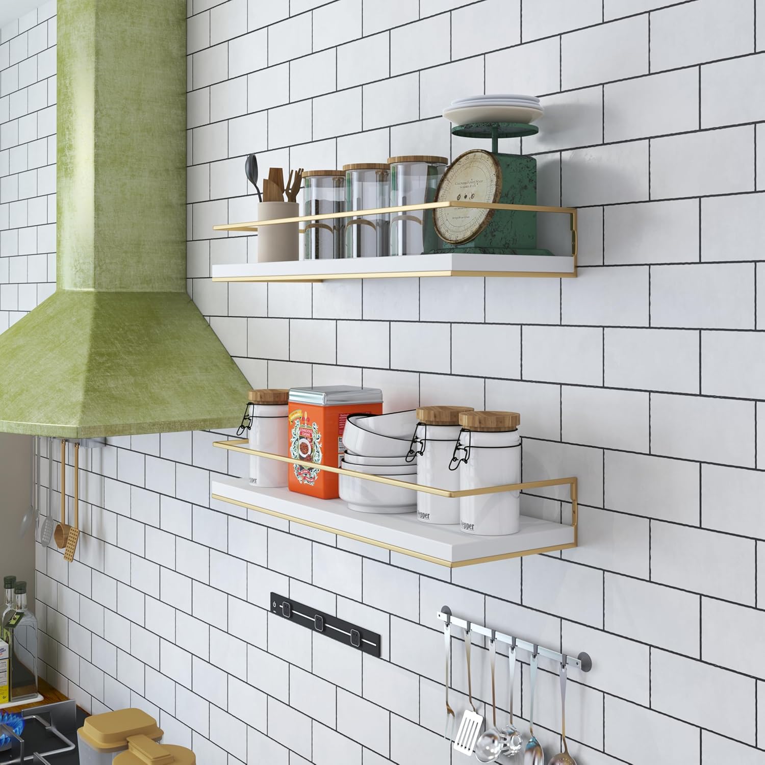Shario Floating Shelves - Set of 2, Wall Mounted Hanging Shelves with Golden Towel Rack, Decorative Storage Shelves for Bathroom, Kitchen, Living Room & Bedroom