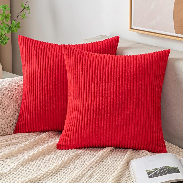 EMEMA Cushion Covers Corduroy Square Throw Pillow Covers Striped Soft Sham Home for Sofa Couch Bedroom Decorative Pillowcases 16x16 Inch 40x40cm Set of 2 Red