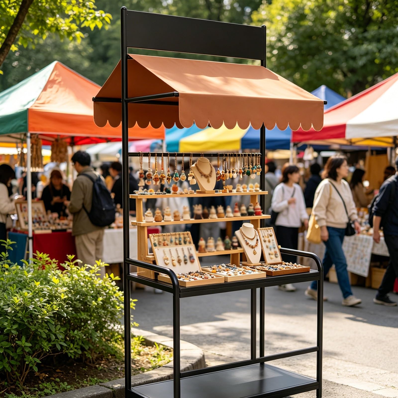 Puesto de Mercado Móvil con Toldo, Stand de Venta para Ferias, Expositor de Metal Ajustable para Eventos y Mercadillos(Black,100x50x230cm/39x20x91in)