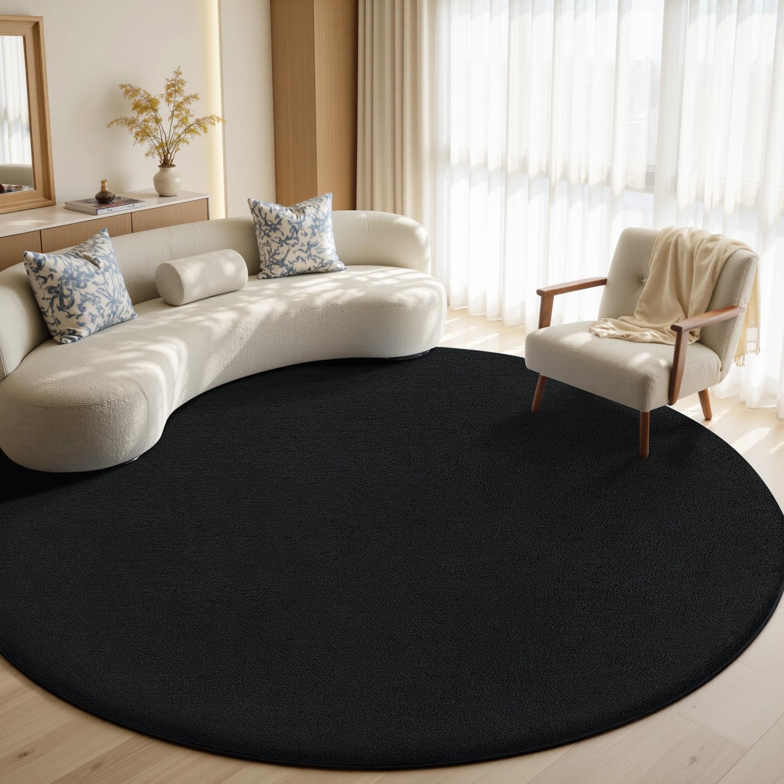 Sour Lemon Rugs Living Room 120cm, Round Black Shaggy Fluffy Rug, Non-Slip Washable Area Rug for Bedroom, Short Pile Soft Runner Rugs, Modern Floor Carpets for Kids Room Hallway Entryway