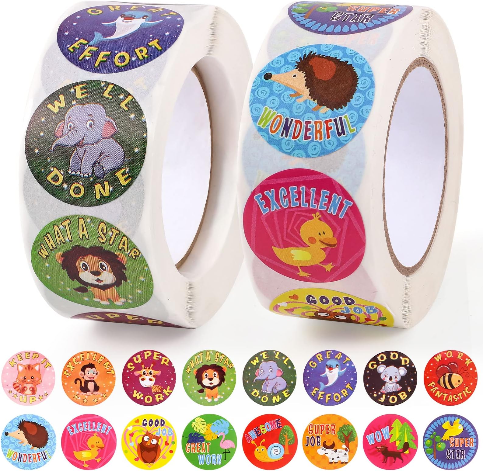 Kuou 1000 PCS Reward Stickers - 2 Roll Teacher Supplies for Classroom in 16 Designs, Motivational School Stickers