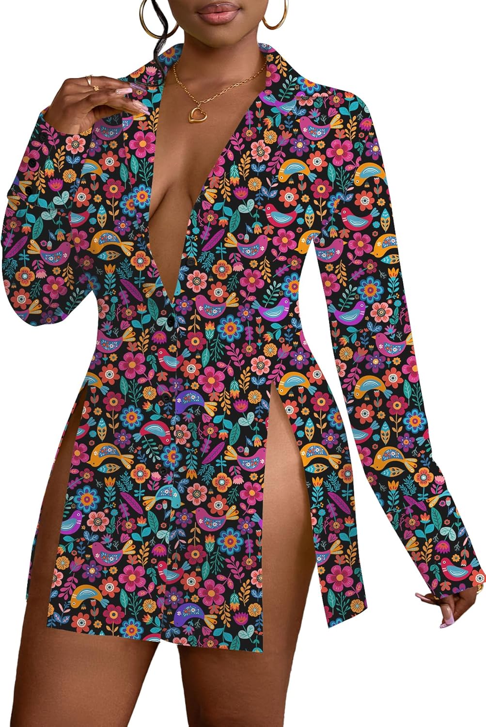 LYANER Women's Button Down Shirt Dress Collar V Neck Long Sleeve Slit Sexy Shirt Dresses - Image 4