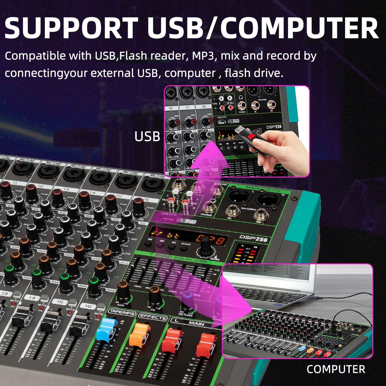 Depusheng PA16 Console de mixage audio professionnelle Console d'harmonie Interface système 16 canaux USB Bluetooth MP3 Entrée d'ordinateur Alimentation fantôme 48 V Effet de réverbération 99 intégré