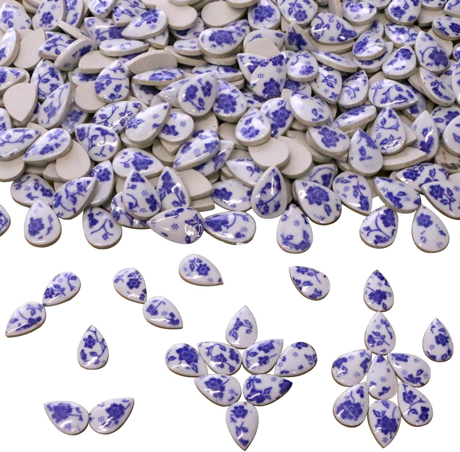Ricytnig Blue and White Porcelain Raindrop Shapes Mosaic Tiles for Crafts Bulk, 60 Pieces Ceramic Mosaic Pieces Crafts Supplies for DIY Vase Mosaic Projects(18x28mm)