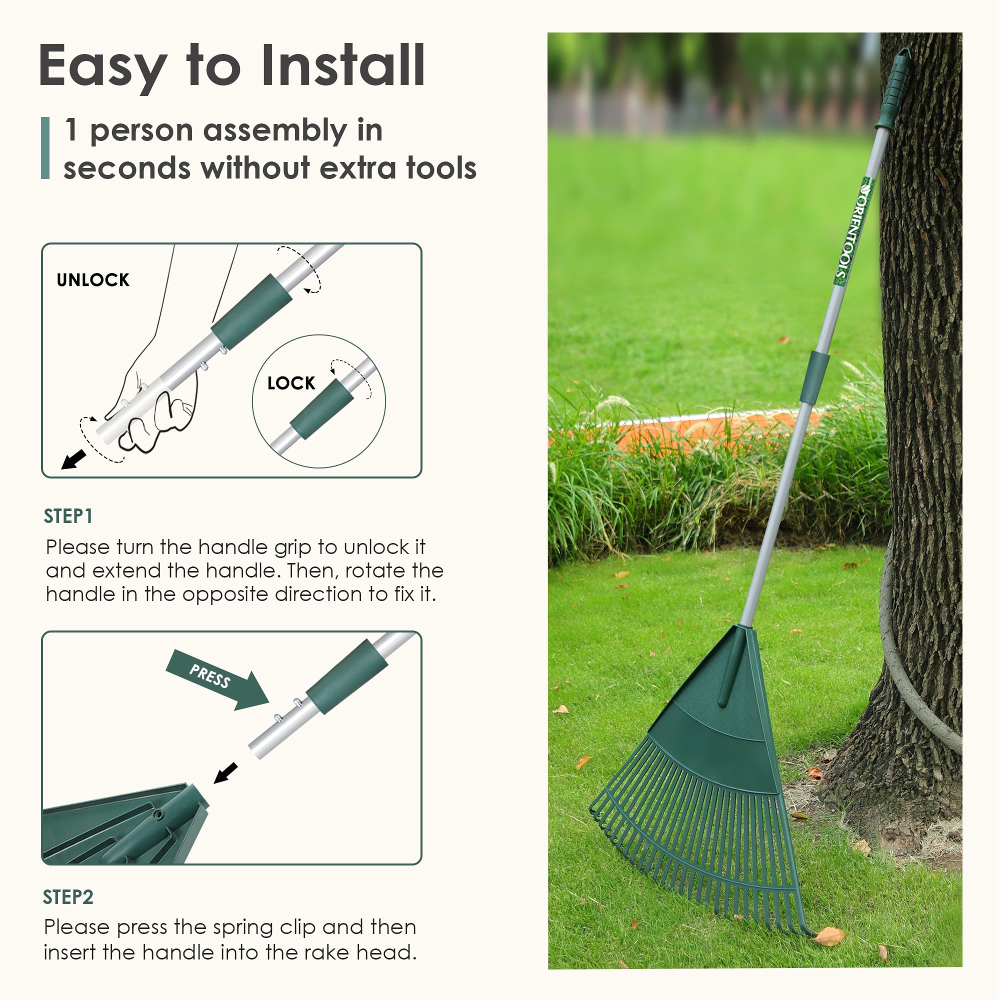 ORIENTOOLS Rateau a Feuille de Jardin, Râteau à Arbustes Réglable en Polyéthylène à Manche en Acier Léger, Tête en Plastique (Vert 26 Dents)