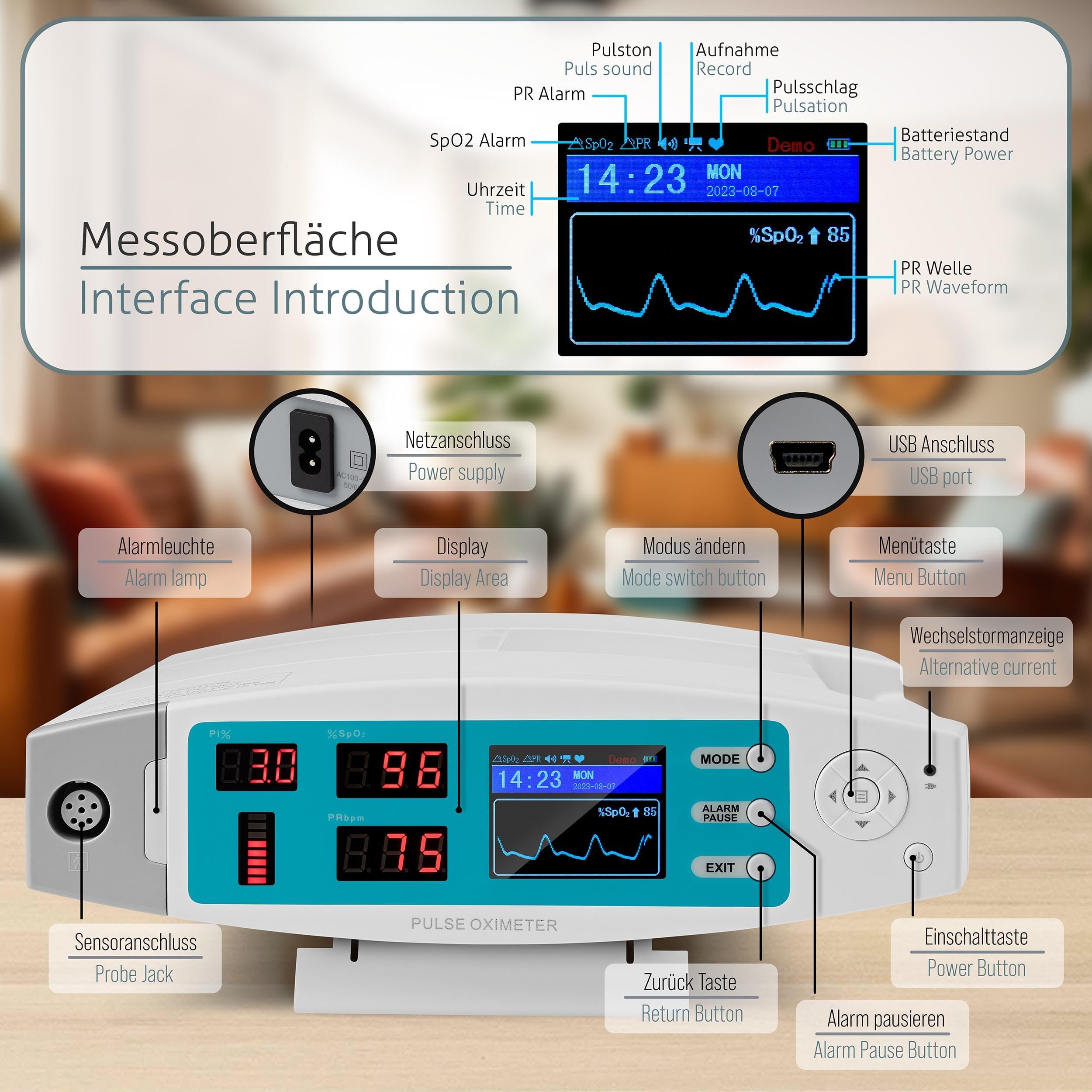 Pulox PO-900 Stationäres Oximeter mit Alarm & Software für SpO2 und Puls | Misst Sauerstoffsättigung, Pulsrate und PI-Wert präzise, professionelles Stand-Pulsoximeter mit Datenauswertung