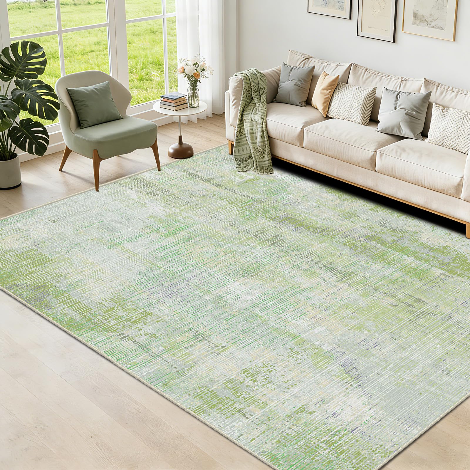 WUTONG Rugs Living Room Sage Green Modern Abstract Soft Faux Cashmere 120x160cm,Washable Non-Slip Indoor Carpet for Nursery,Home Office,Lounge